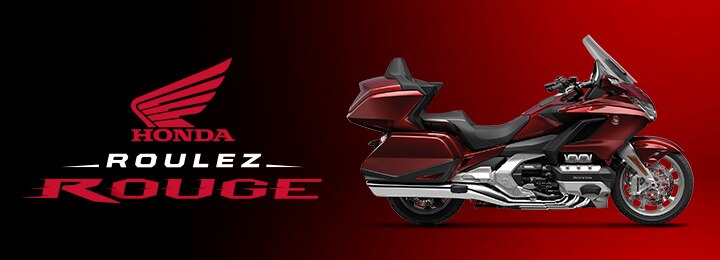 Logo de L'ÉVÉNEMENT ROULEZ ROUGE ROULEZ HONDA avec le slogan: RESSENTEZ L’EXALTATION, avec une image d'une catégorie de motos